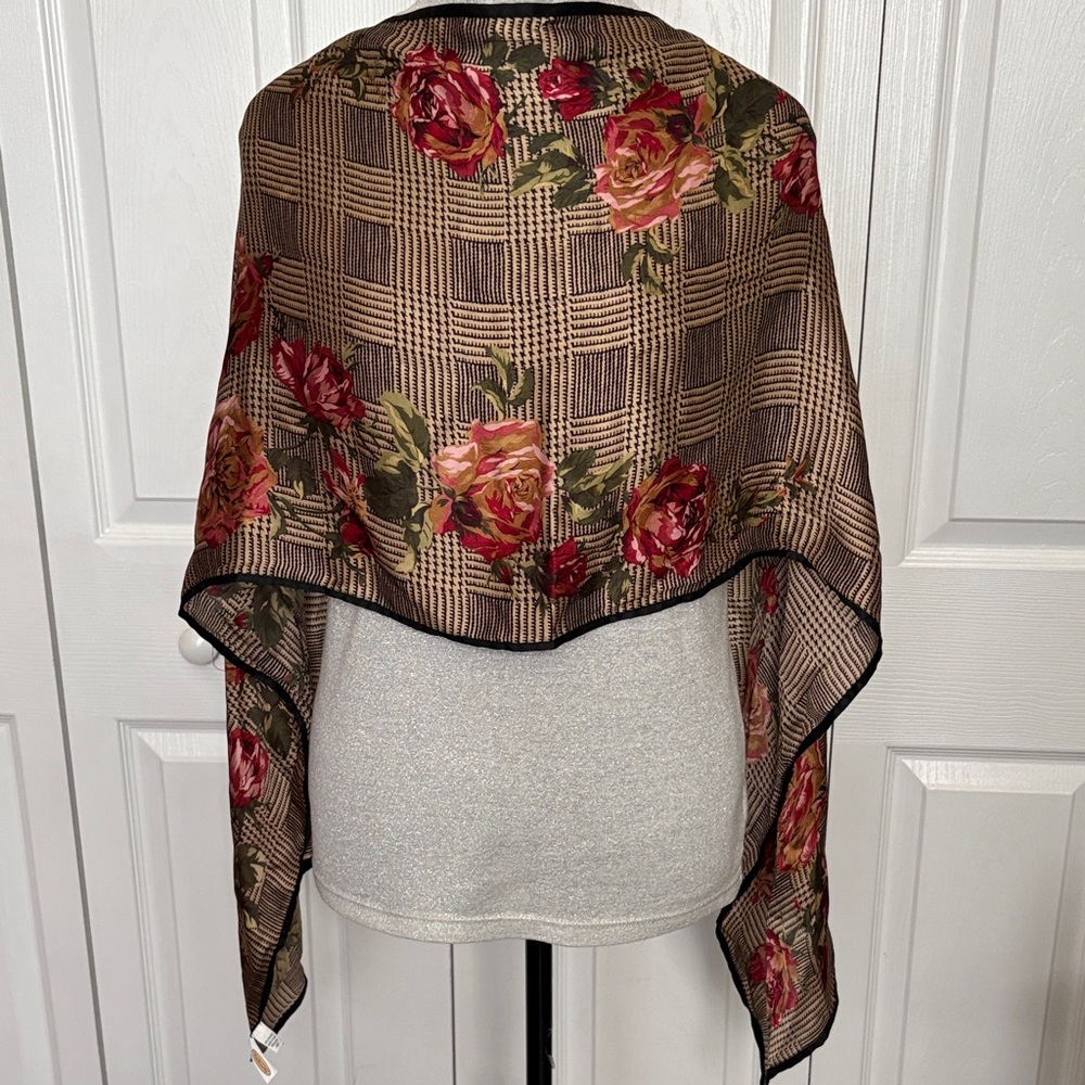 100% Silk Heritage Old Money Aesthetic Talbots Brown Floral Checkered Wrap Scarf